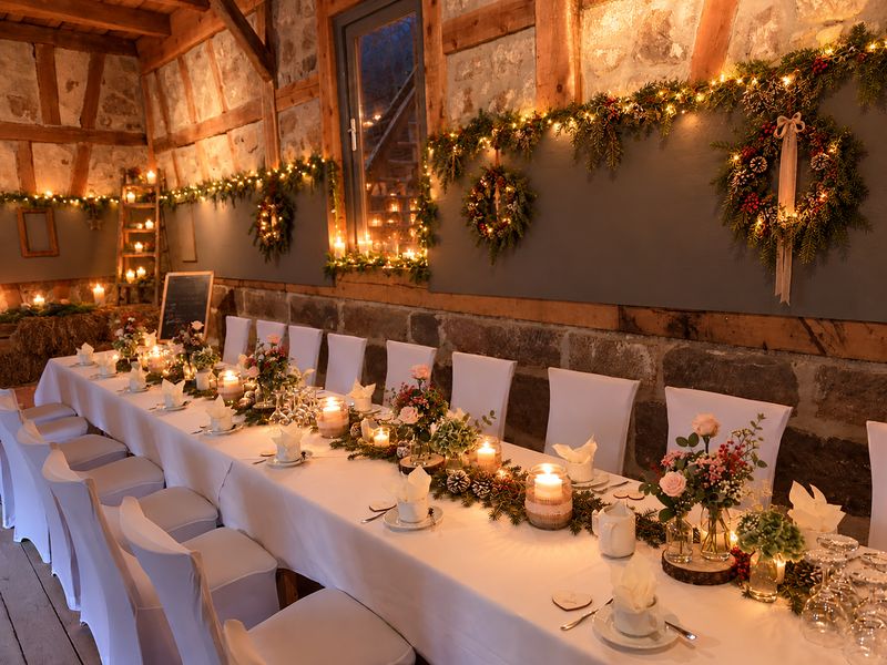 Lange Weihnachtstafel in der Scheune des Pörtnerhof Seßlach
